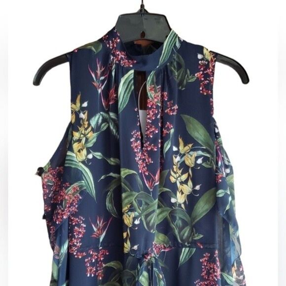 NWT Marchesa Notte Floral Print Cold Shoulder Ruffle Midi Dress - Picture 3 of 12